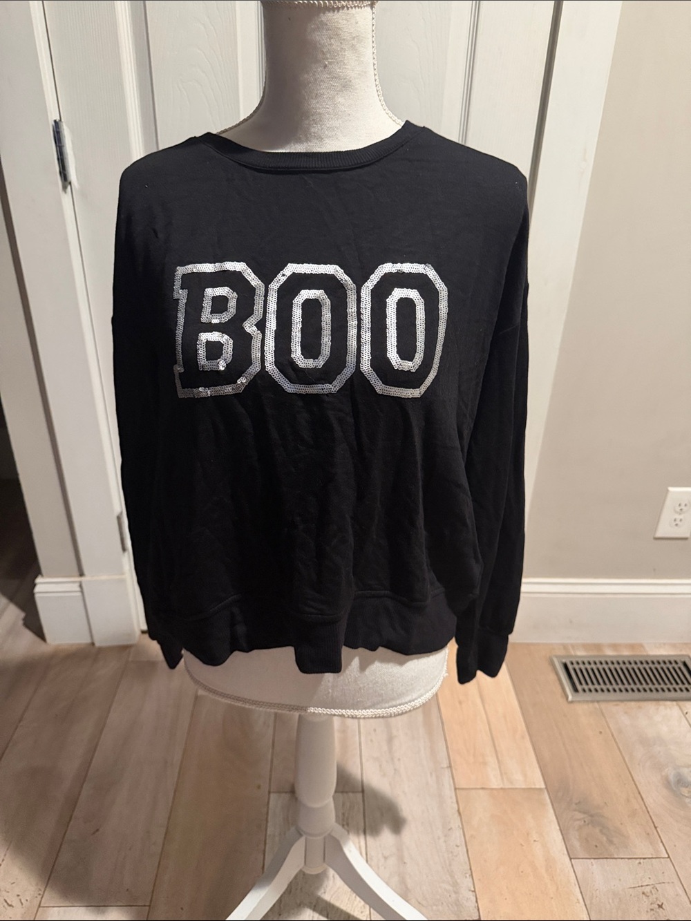 Cynthia Rowley Black Sweatshirt with Silver 'BOO' Graphic